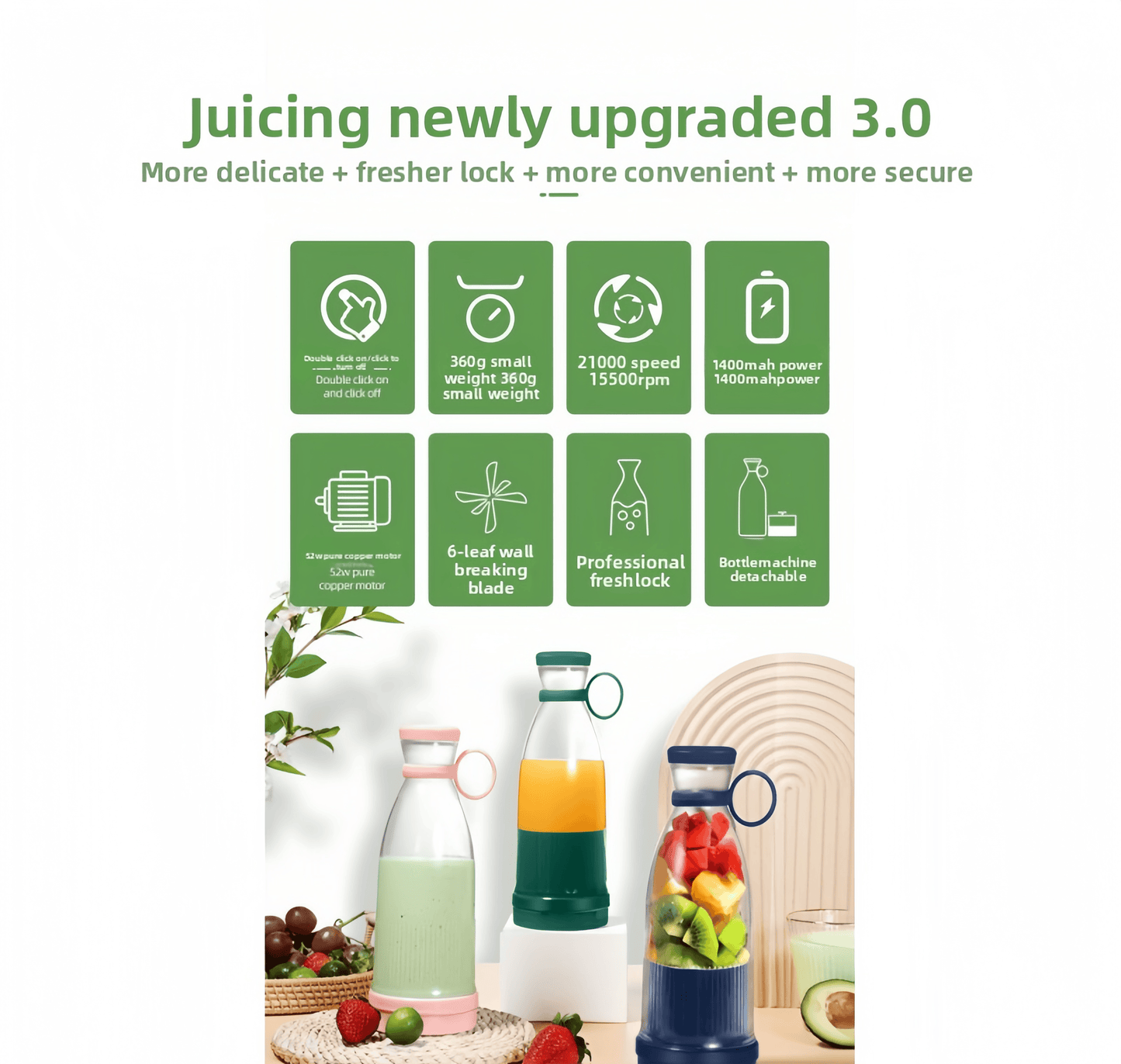 Portable Juice Blender – USB Charging, 6 Blades, Fresh Squeezer