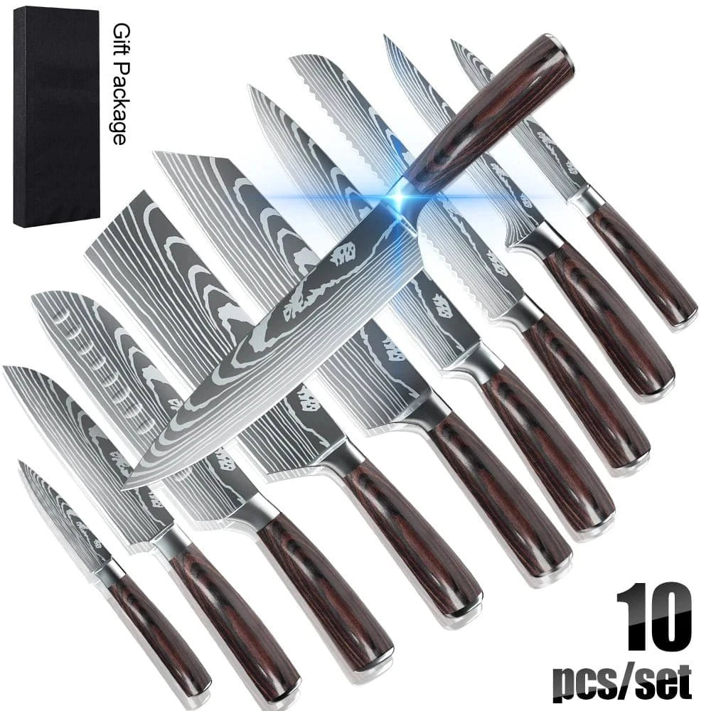 8/10 - Piece Japanese Kitchen Knife Set – Laser Damascus, High - Carbon Steel, Gift Box - KitchenKlout