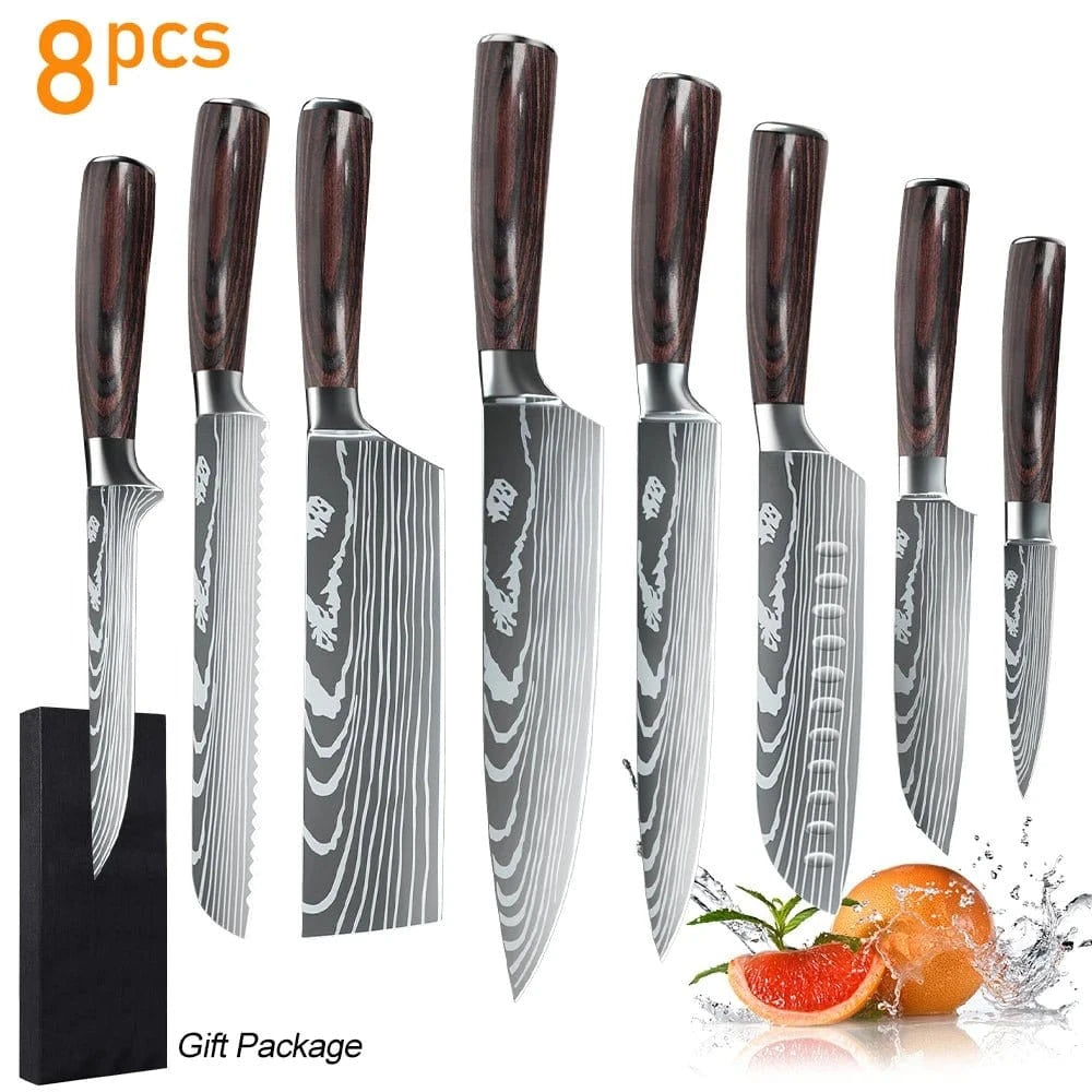 8/10 - Piece Japanese Kitchen Knife Set – Laser Damascus, High - Carbon Steel, Gift Box - KitchenKlout