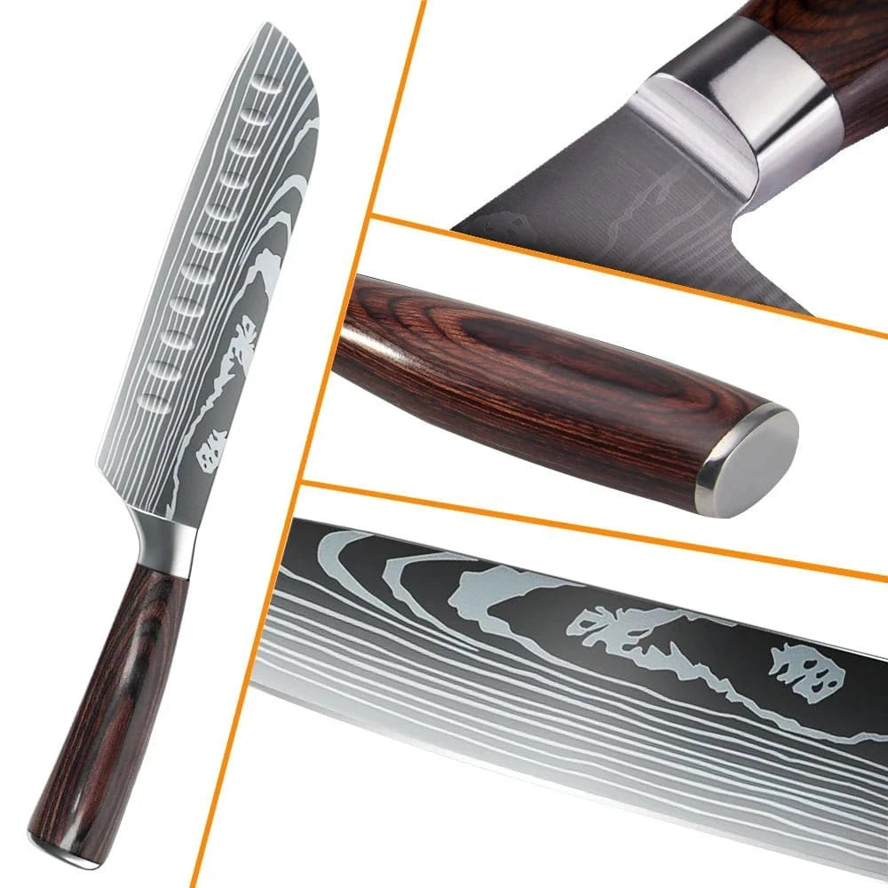 8/10 - Piece Japanese Kitchen Knife Set – Laser Damascus, High - Carbon Steel, Gift Box - KitchenKlout