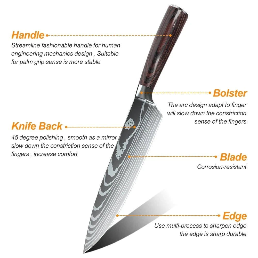 8/10 - Piece Japanese Kitchen Knife Set – Laser Damascus, High - Carbon Steel, Gift Box - KitchenKlout