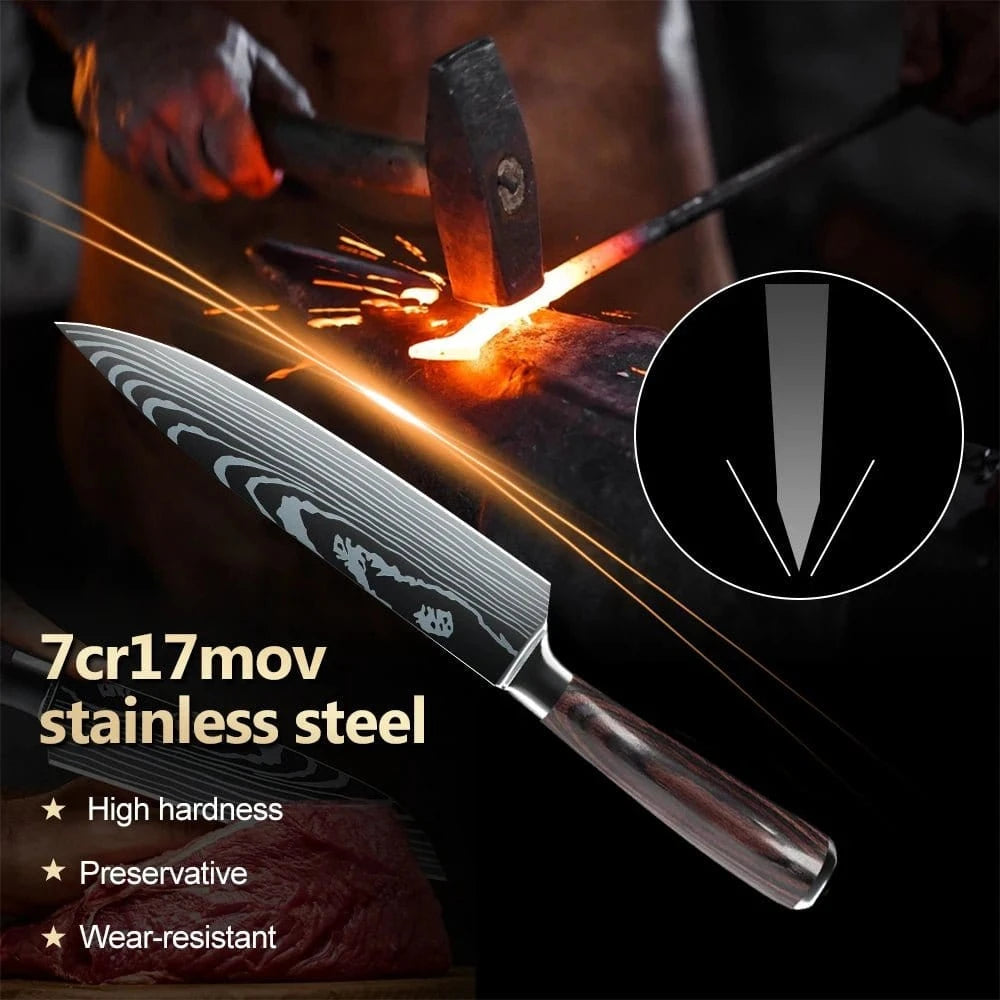 8/10 - Piece Japanese Kitchen Knife Set – Laser Damascus, High - Carbon Steel, Gift Box - KitchenKlout