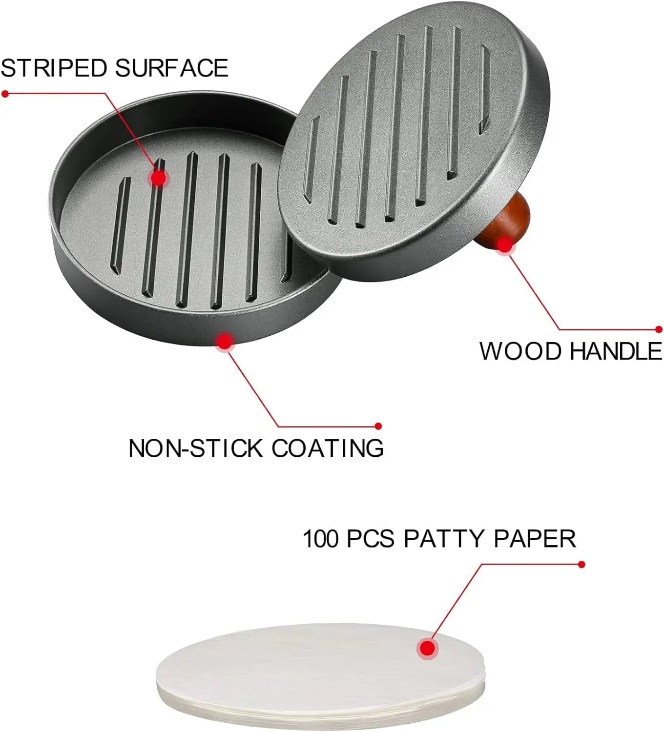 Burger Press Patty Maker Stainless Steel Hamburger Patty Press Mold Wood Handle Non - Stick with 100 Patty Papers - KitchenKlout