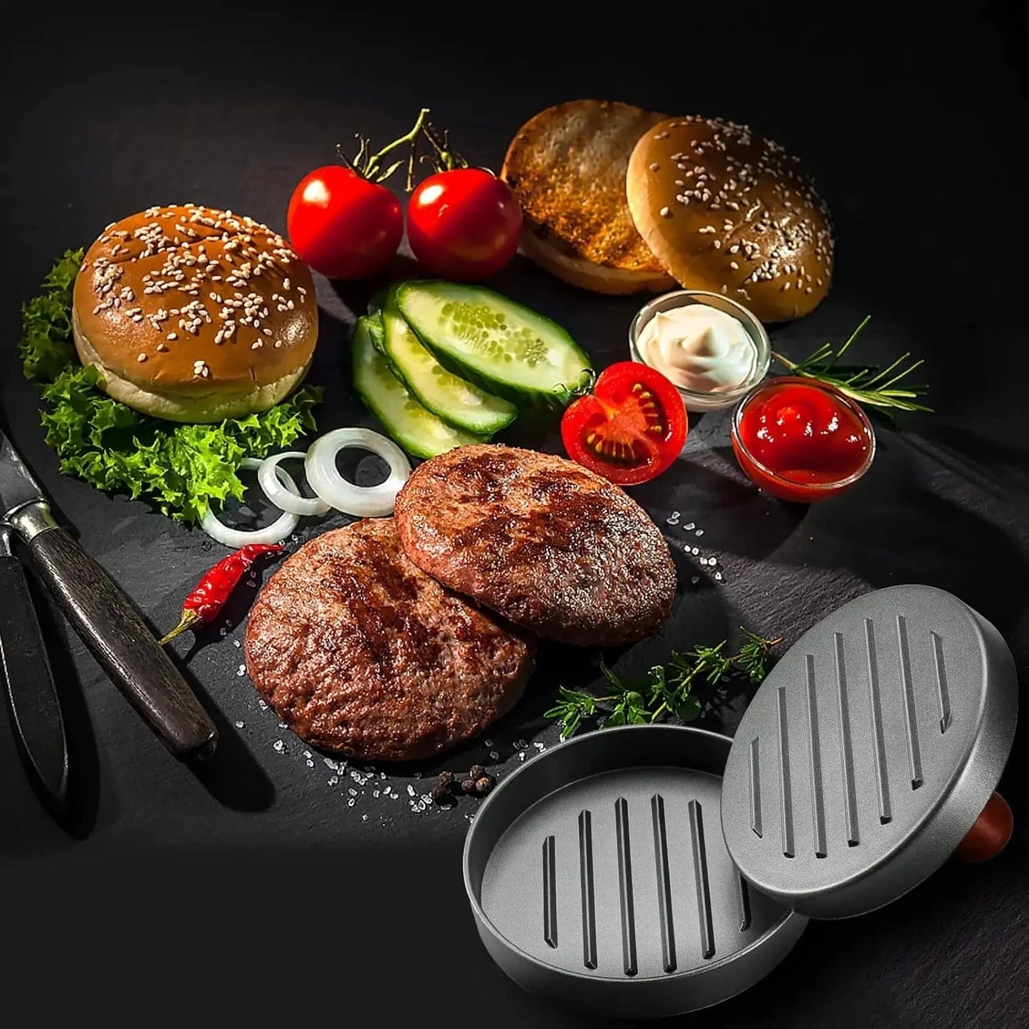 Burger Press Patty Maker Stainless Steel Hamburger Patty Press Mold Wood Handle Non - Stick with 100 Patty Papers - KitchenKlout