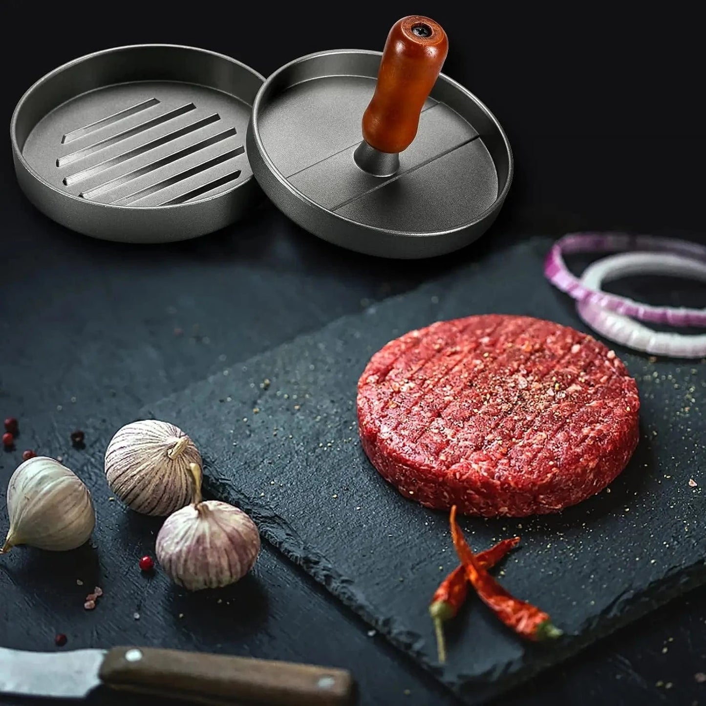Burger Press Patty Maker Stainless Steel Hamburger Patty Press Mold Wood Handle Non - Stick with 100 Patty Papers - KitchenKlout