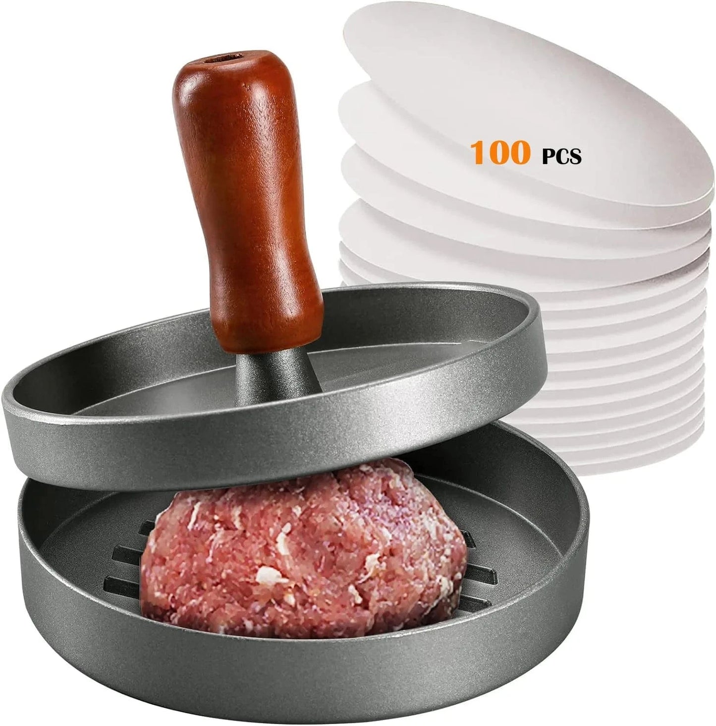 Burger Press Patty Maker Stainless Steel Hamburger Patty Press Mold Wood Handle Non - Stick with 100 Patty Papers - KitchenKlout