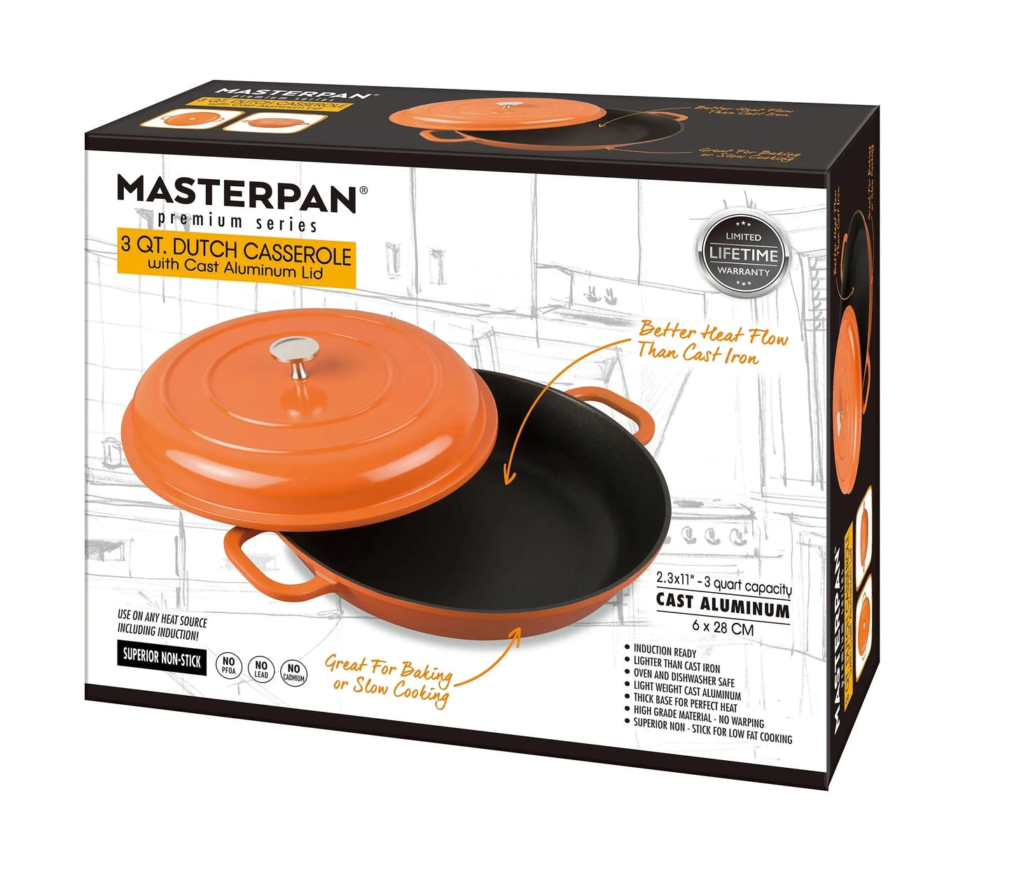 Cast Aluminum Dutch Oven - MASTERPAN - Orange 11" | KitchenKlout Dutch Ovens & Casseroles