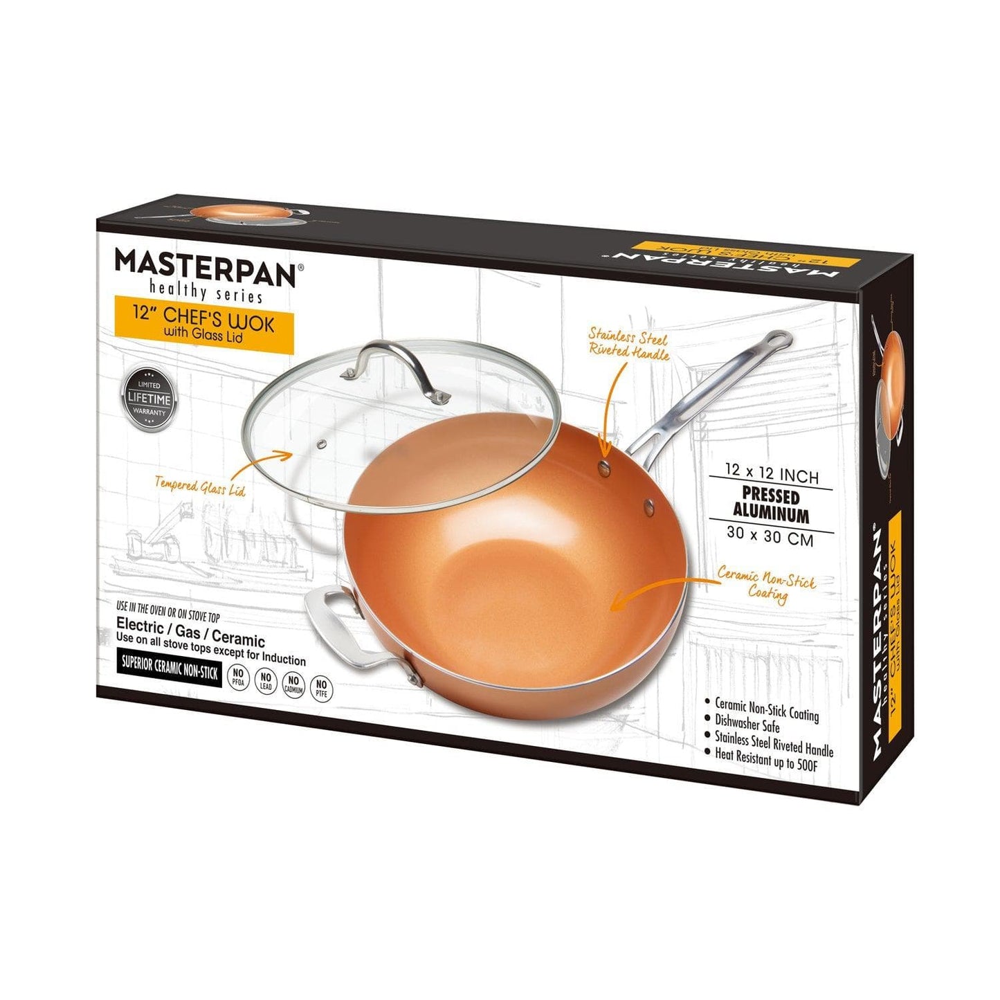 Ceramic Wok by MASTERPAN - Copper Color With Lid | KitchenKlout Woks & Stir Fry