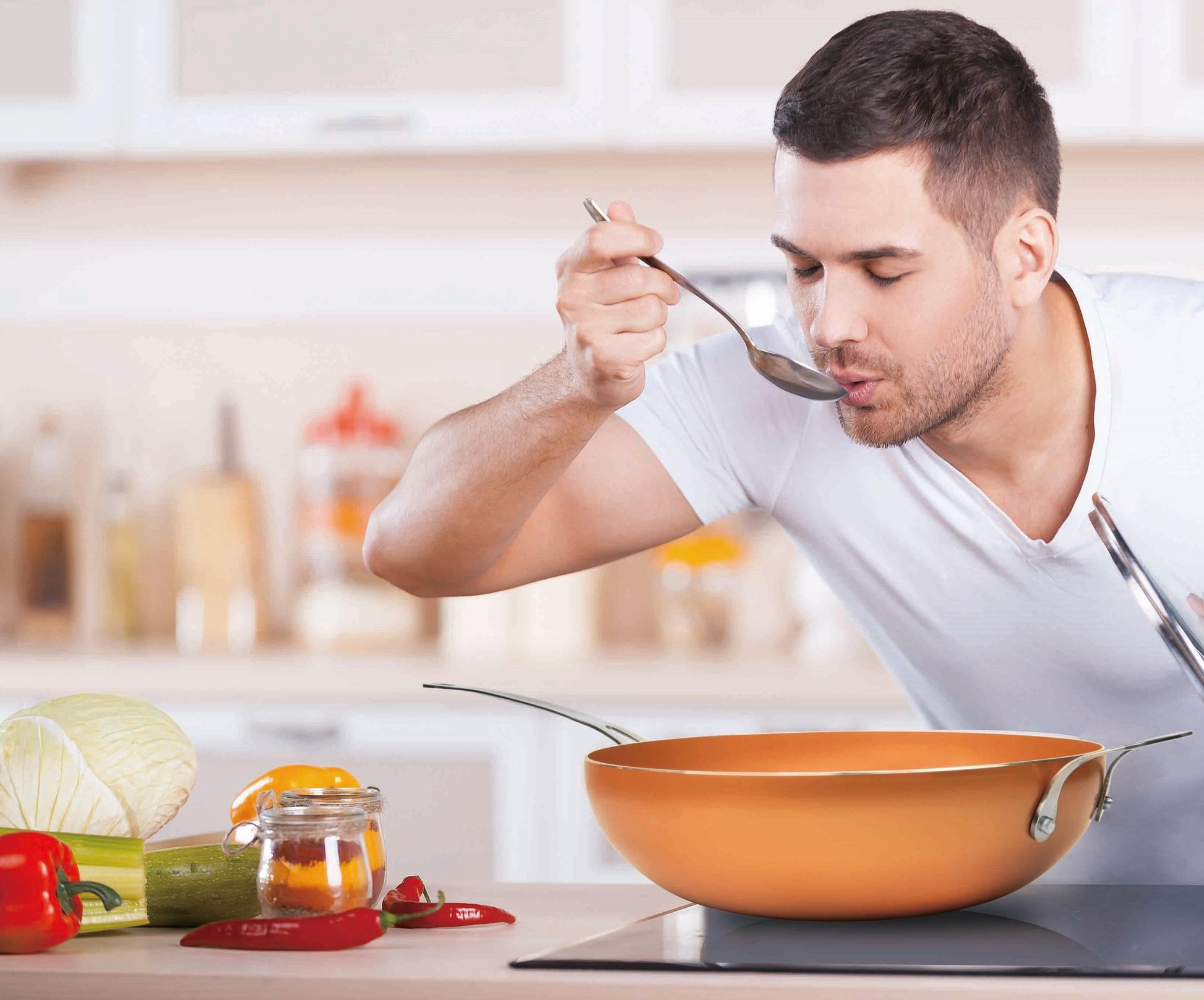 Ceramic Wok by MASTERPAN - Copper Color With Lid | KitchenKlout Woks & Stir Fry