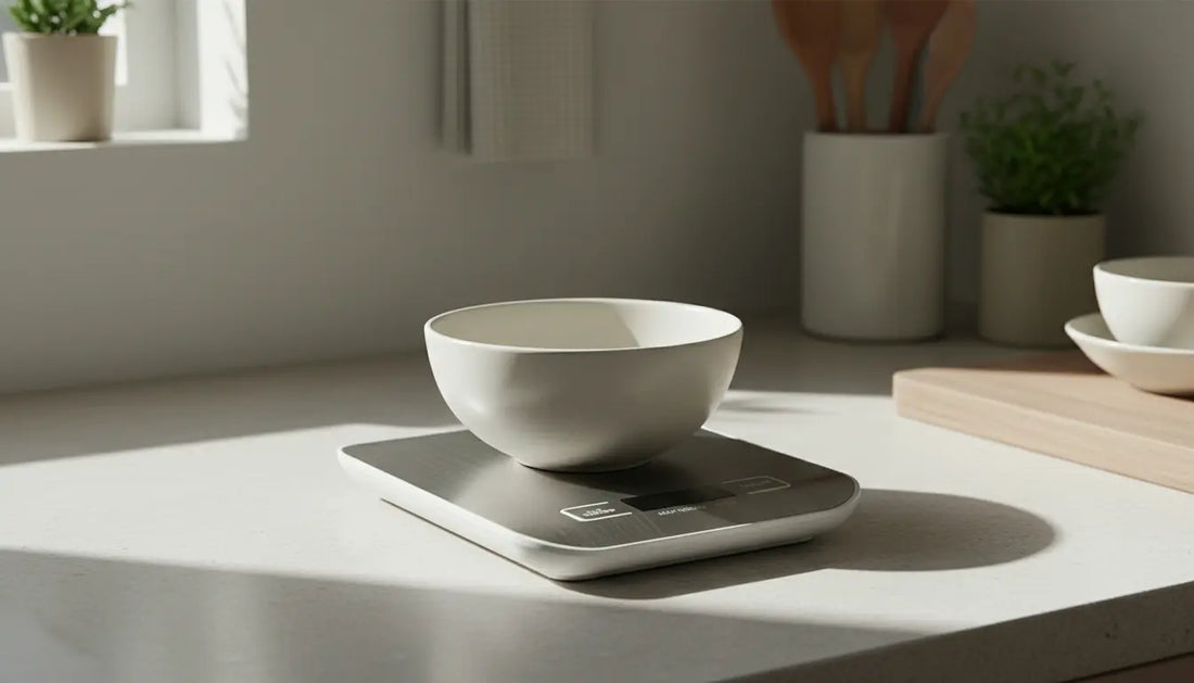 A bowl sitting on a digital kitchen scale for cooking and baking.