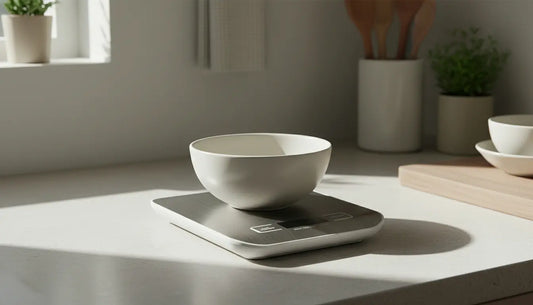 A bowl sitting on a digital kitchen scale for cooking and baking.