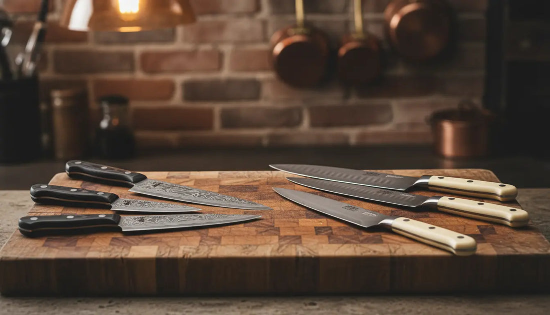 Japanese and German knives side by side on wooden cutting board