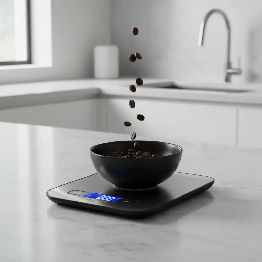 Coffee beans falling into a bowl sitting atop a digital scale