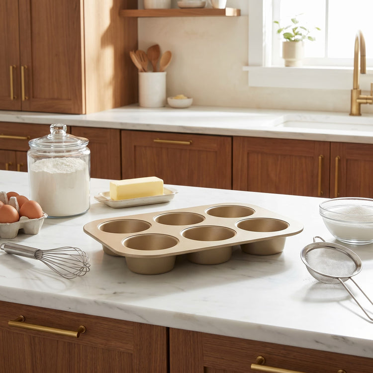 A marble counter top displaying baking accessories