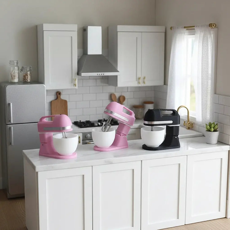 Mini stand mixers in a miniature kitchen scene