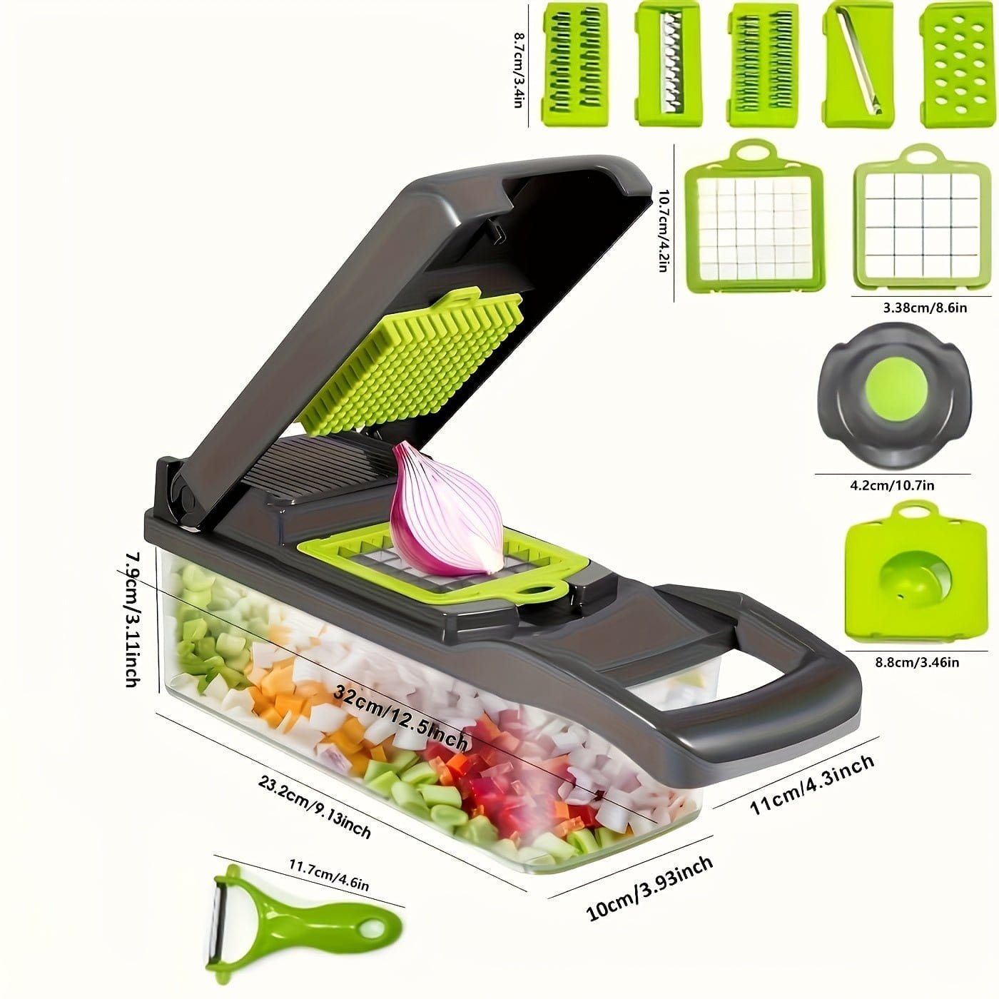 16 - in - 1 Vegetable Chopper with 8 Blades – Onion, Potato, Carrot Slicer, Includes Strainer Basket & Containe - KitchenKlout