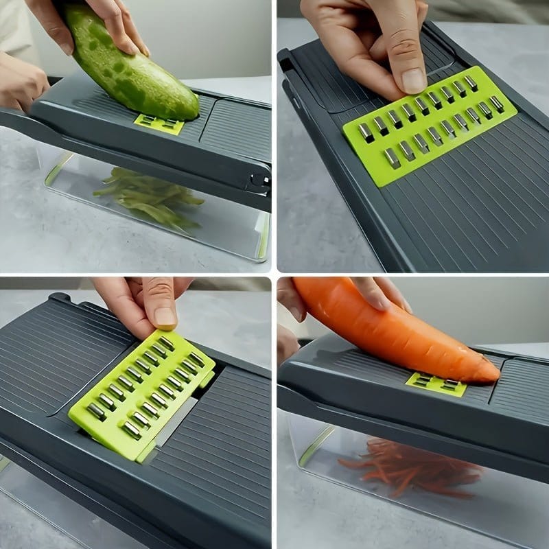 16 - in - 1 Vegetable Chopper with 8 Blades – Onion, Potato, Carrot Slicer, Includes Strainer Basket & Containe - KitchenKlout