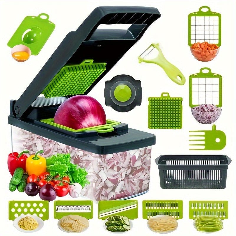 16 - in - 1 Vegetable Chopper with 8 Blades – Onion, Potato, Carrot Slicer, Includes Strainer Basket & Containe - KitchenKlout
