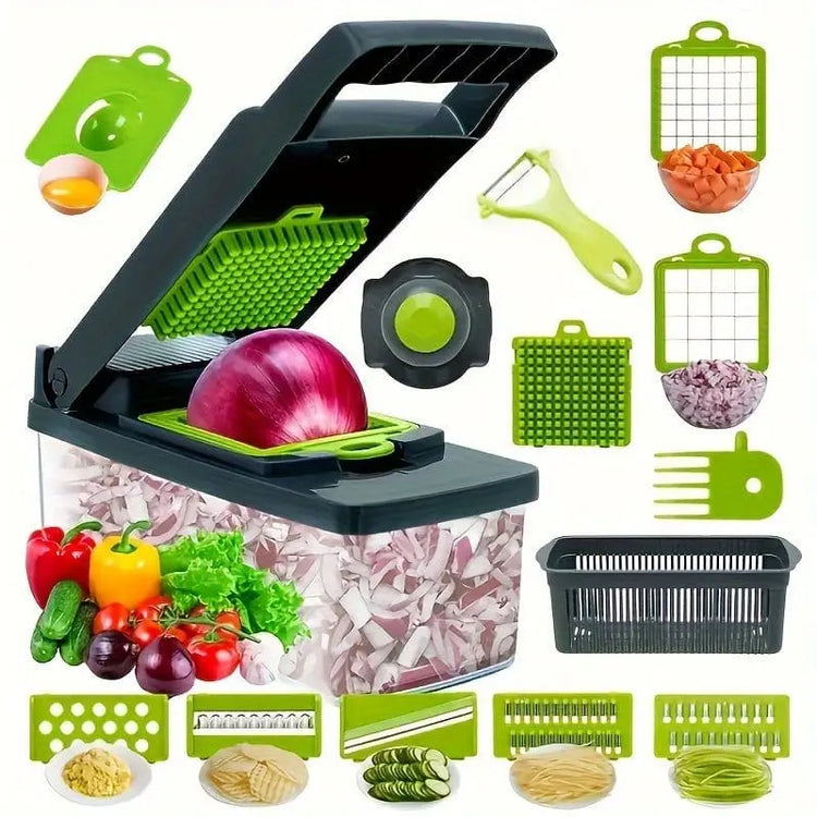 16 - in - 1 Vegetable Chopper with 8 Blades – Onion, Potato, Carrot Slicer, Includes Strainer Basket & Containe - KitchenKlout