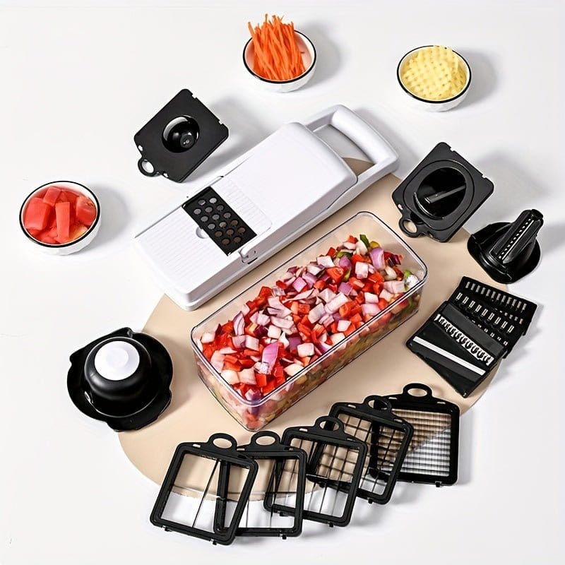 16 - in - 1 Vegetable Chopper with 8 Blades – Onion, Potato, Carrot Slicer, Includes Strainer Basket & Containe - KitchenKlout