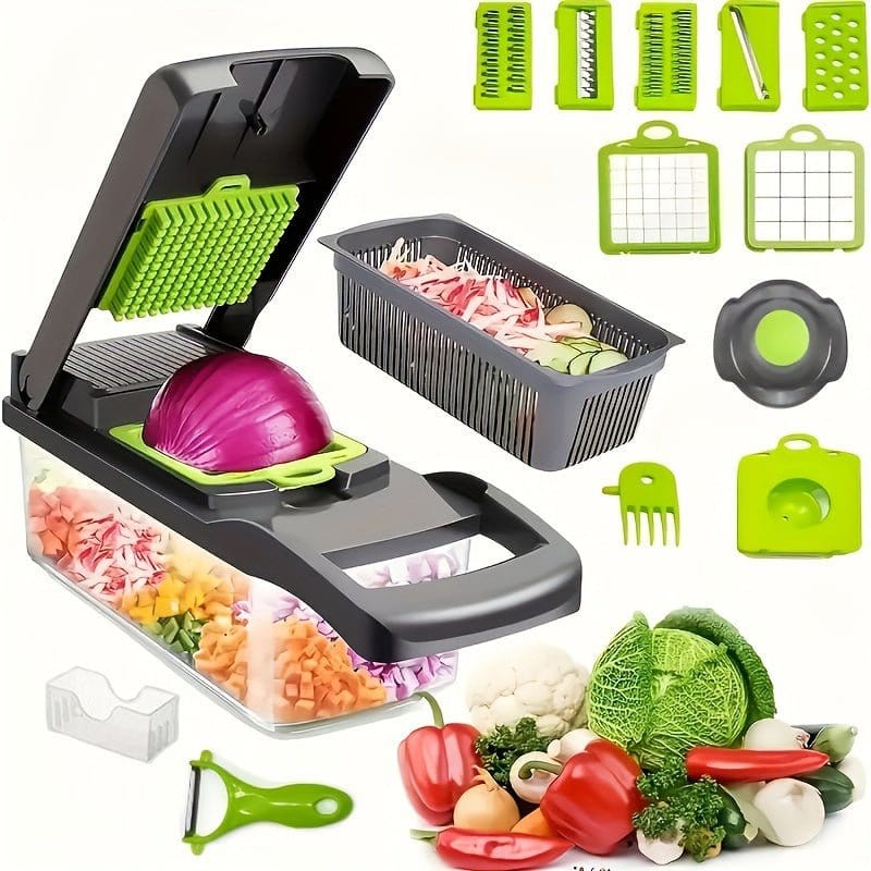 16 - in - 1 Vegetable Chopper with 8 Blades – Onion, Potato, Carrot Slicer, Includes Strainer Basket & Containe - KitchenKlout