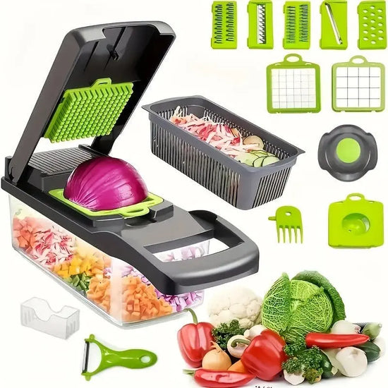 16 - in - 1 Vegetable Chopper with 8 Blades – Onion, Potato, Carrot Slicer, Includes Strainer Basket & Containe - KitchenKlout