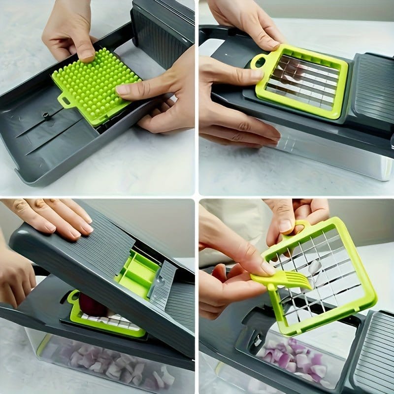 16 - in - 1 Vegetable Chopper with 8 Blades – Onion, Potato, Carrot Slicer, Includes Strainer Basket & Containe - KitchenKlout