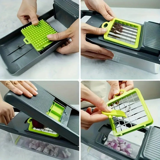 16 - in - 1 Vegetable Chopper with 8 Blades – Onion, Potato, Carrot Slicer, Includes Strainer Basket & Containe - KitchenKlout