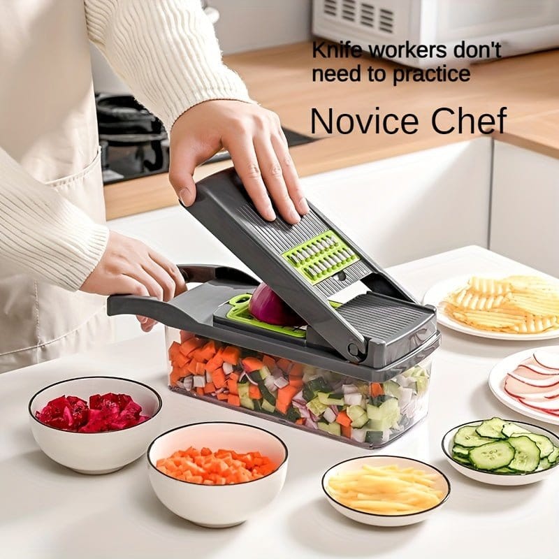 16 - in - 1 Vegetable Chopper with 8 Blades – Onion, Potato, Carrot Slicer, Includes Strainer Basket & Containe - KitchenKlout