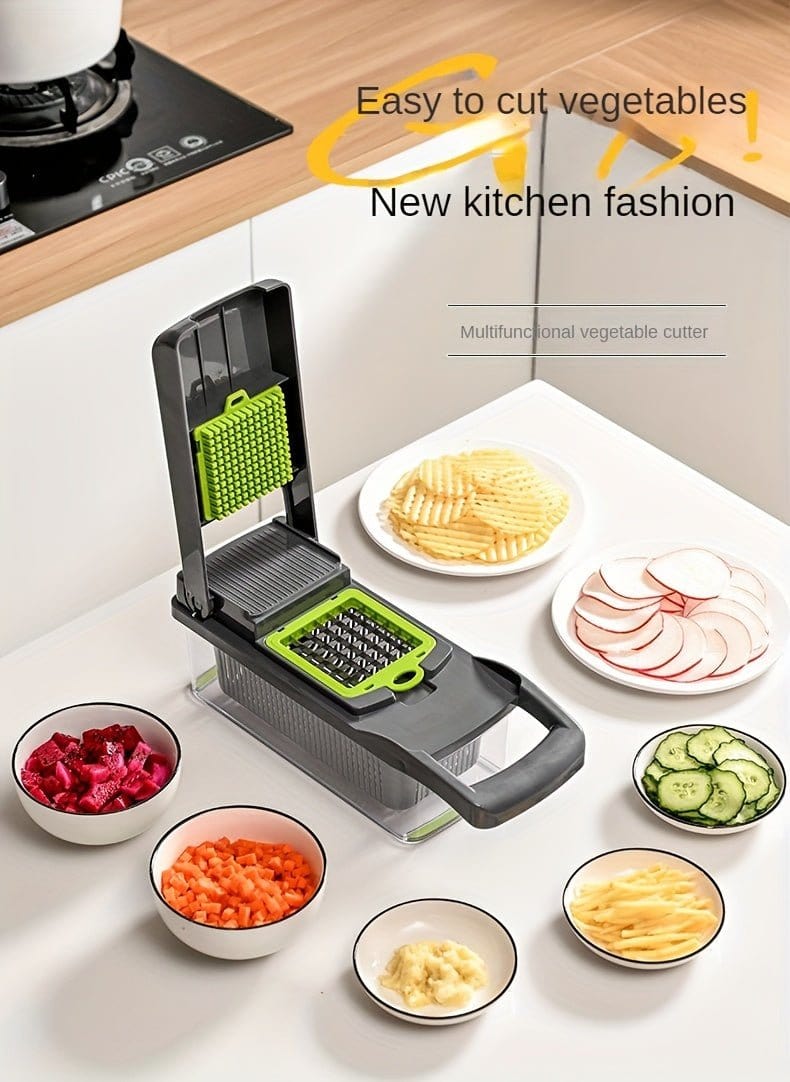 16 - in - 1 Vegetable Chopper with 8 Blades – Onion, Potato, Carrot Slicer, Includes Strainer Basket & Containe - KitchenKlout