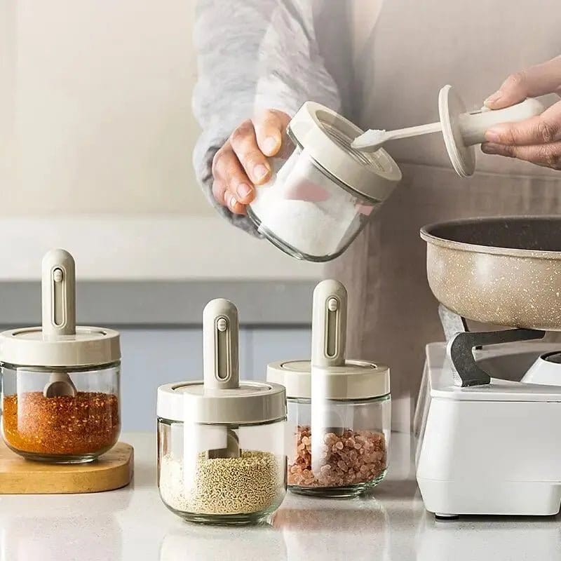 1Pc Glass Seasoning Bottle with Telescopic Spoon Household Kitchen Salt Storage Box Leak Proof and Moisture - Proof - KitchenKlout
