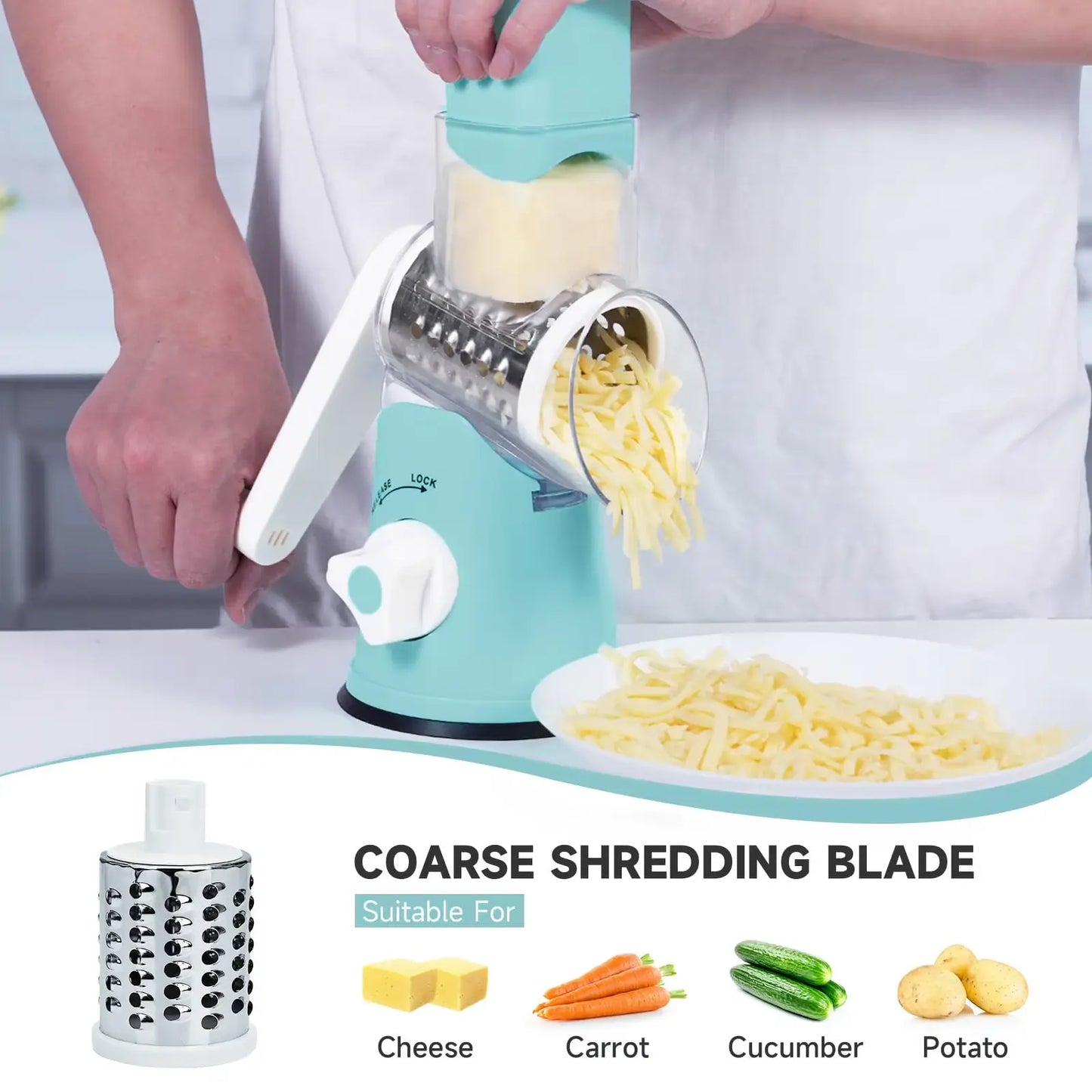 3-in-1 Stainless Steel Rotary Grater For Cheese and Vegetables