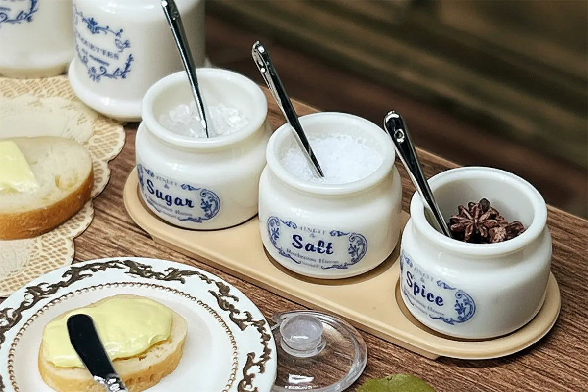 3-Piece Miniature Sugar & Salt Jar Set - 1:6 Scale with Spoons & Tray