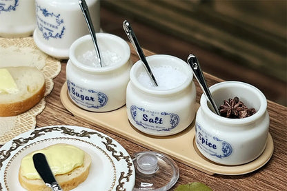 3-Piece Miniature Sugar & Salt Jar Set - 1:6 Scale with Spoons & Tray
