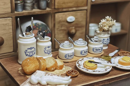 3-Piece Miniature Sugar & Salt Jar Set - 1:6 Scale with Spoons & Tray