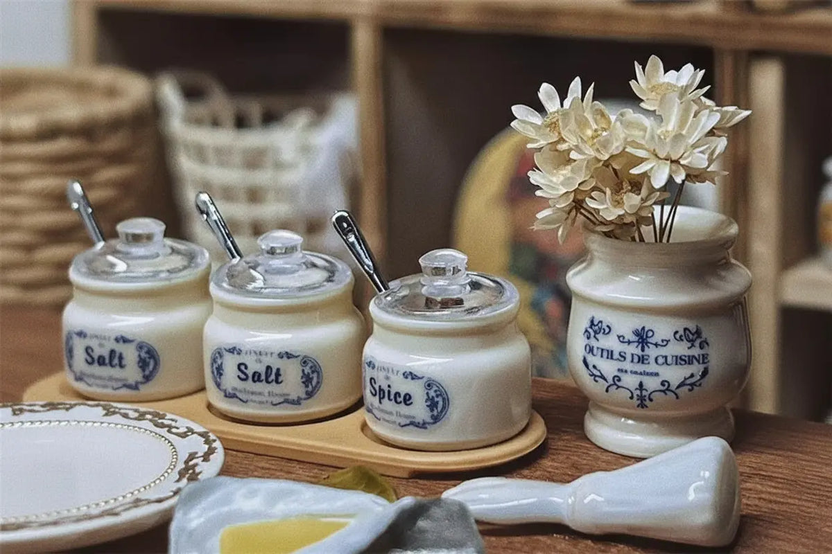 3-Piece Miniature Sugar & Salt Jar Set - 1:6 Scale with Spoons & Tray
