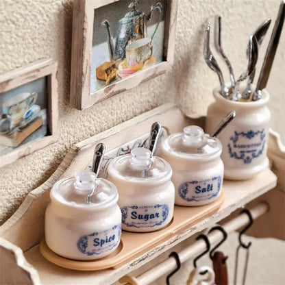 3-Piece Miniature Sugar & Salt Jar Set - 1:6 Scale with Spoons & Tray