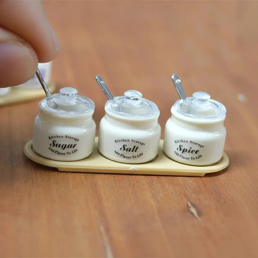 3-Piece Miniature Sugar & Salt Jar Set - 1:6 Scale with Spoons & Tray
