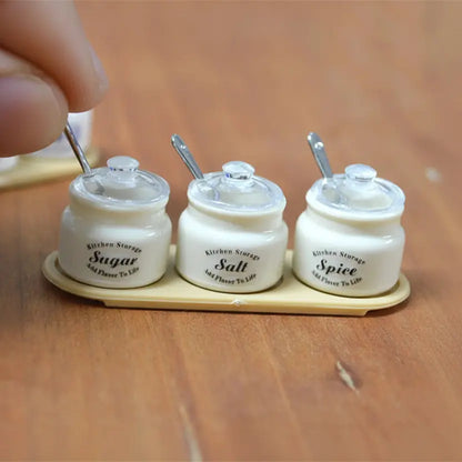 3-Piece Miniature Sugar & Salt Jar Set - 1:6 Scale with Spoons & Tray