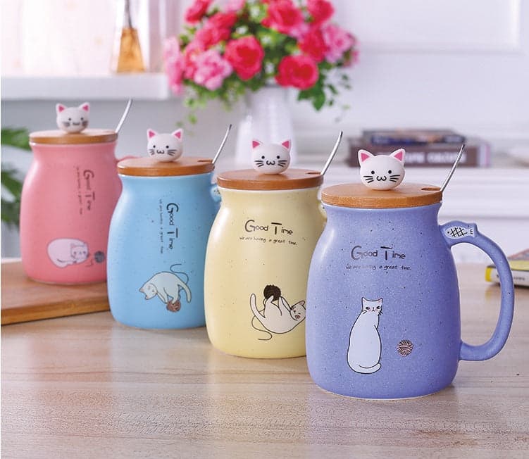 450ml Cartoon Ceramics Cat Mug With Lid and Spoon Kitchen Accessories