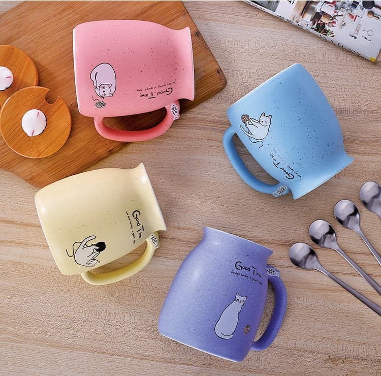450ml Cartoon Ceramics Cat Mug With Lid and Spoon Kitchen Accessories