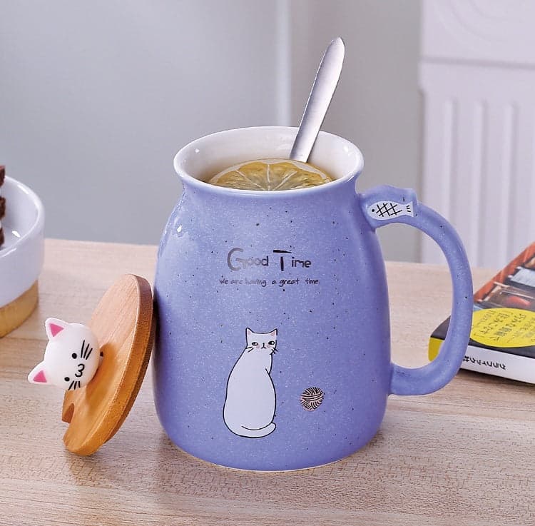 450ml Cartoon Ceramics Cat Mug With Lid and Spoon Kitchen Accessories