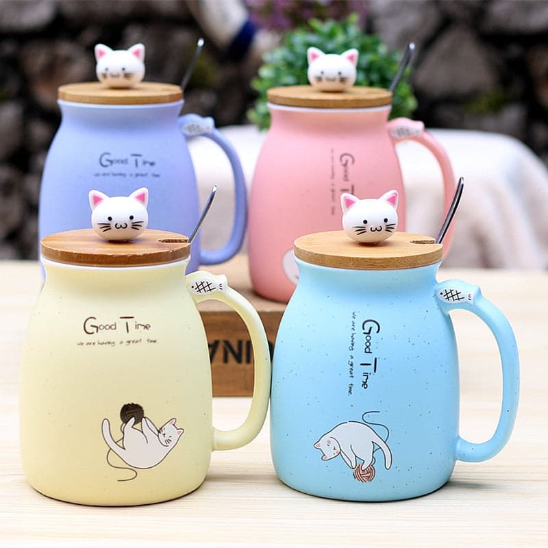 450ml Cartoon Ceramics Cat Mug With Lid and Spoon Kitchen Accessories