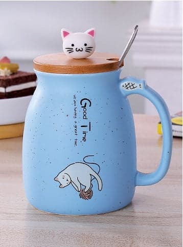 450ml Cartoon Ceramics Cat Mug With Lid and Spoon Kitchen Accessories