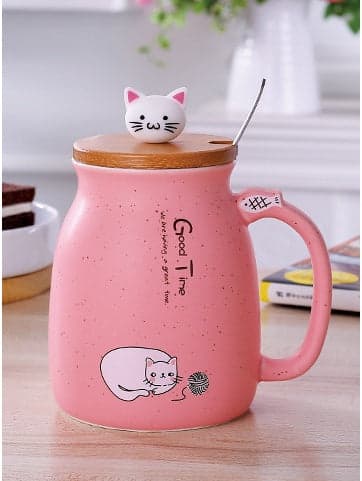 450ml Cartoon Ceramics Cat Mug With Lid and Spoon Kitchen Accessories