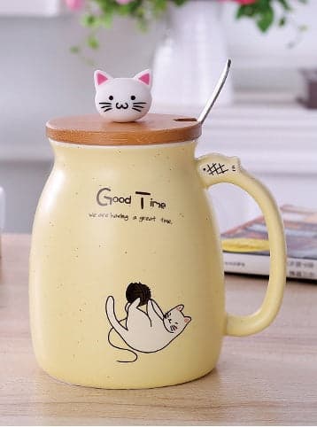 450ml Cartoon Ceramics Cat Mug With Lid and Spoon Kitchen Accessories