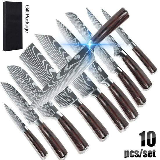 8/10 - Piece Japanese Kitchen Knife Set – Laser Damascus, High - Carbon Steel, Gift Box - KitchenKlout