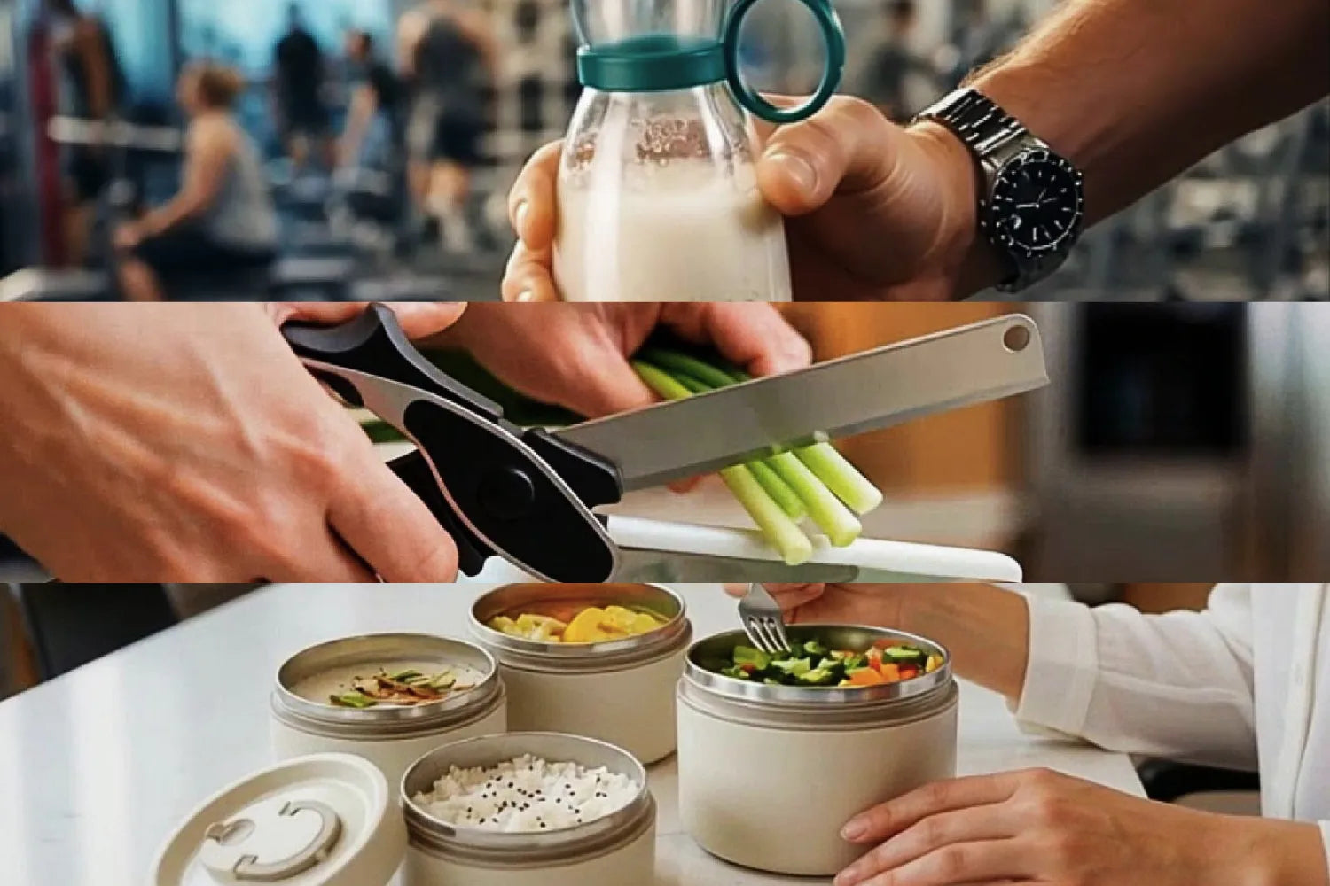 Person cutting vegetables with scissors over a table with small containers of food.