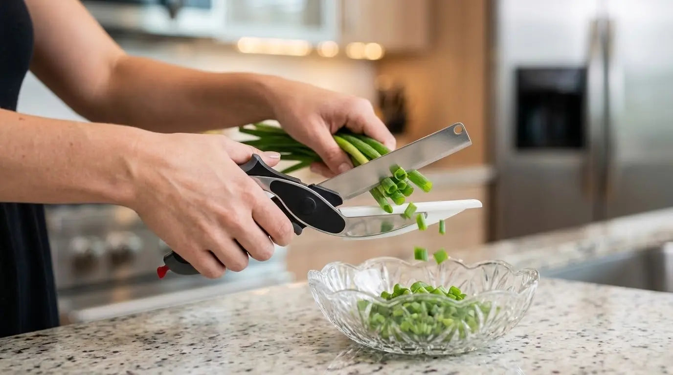Final poster 2 Person chopping green onions with kitchen shears on a kitchen counter.
