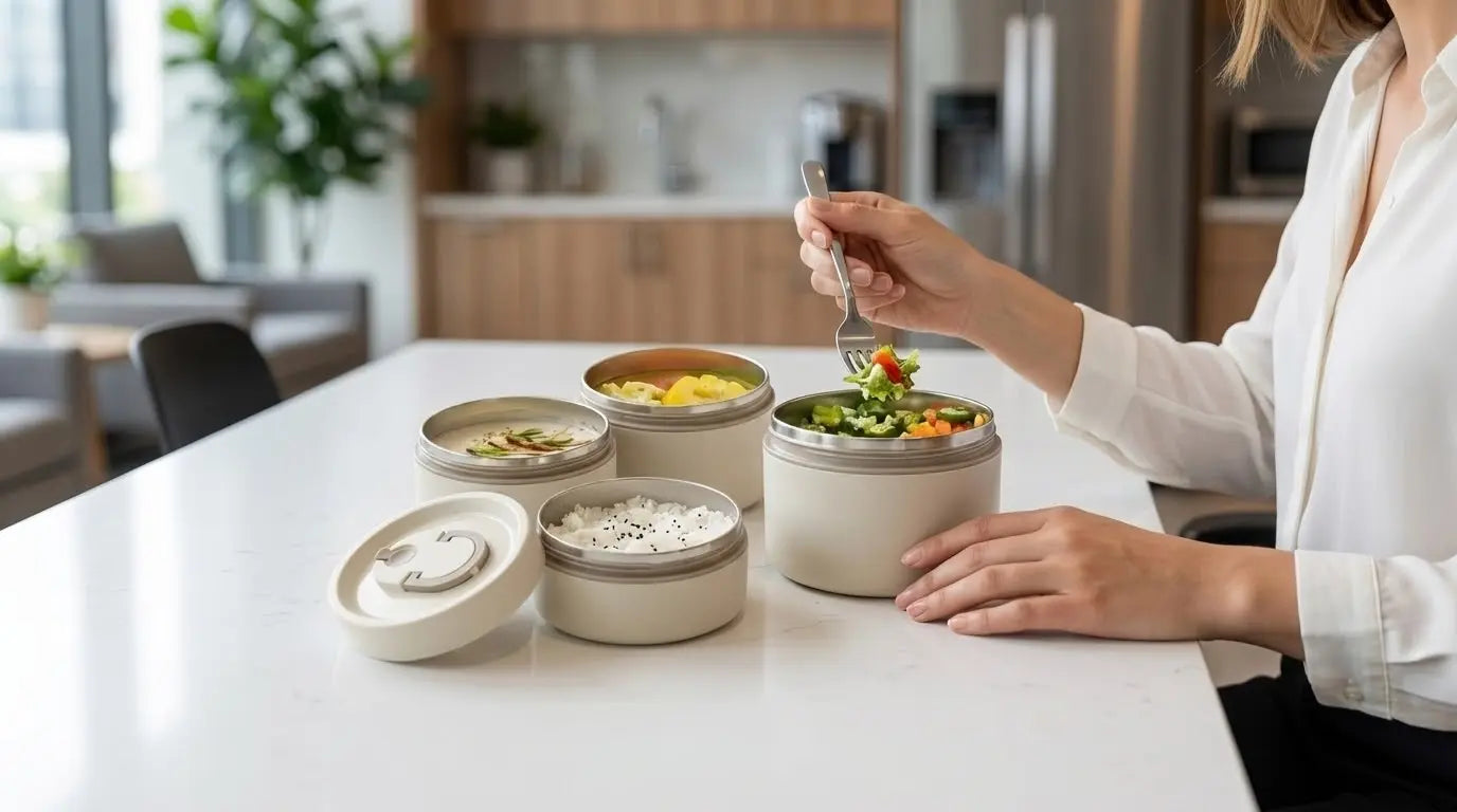 Final poster 3 Person preparing a salad with reusable containers on a kitchen counter